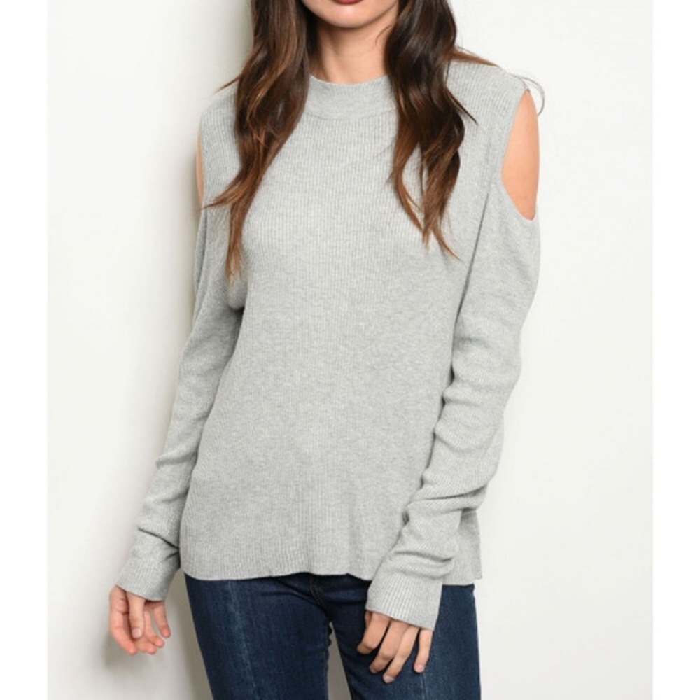Gray long sleeved cold shoulder sweater - Picture 2 of 2
